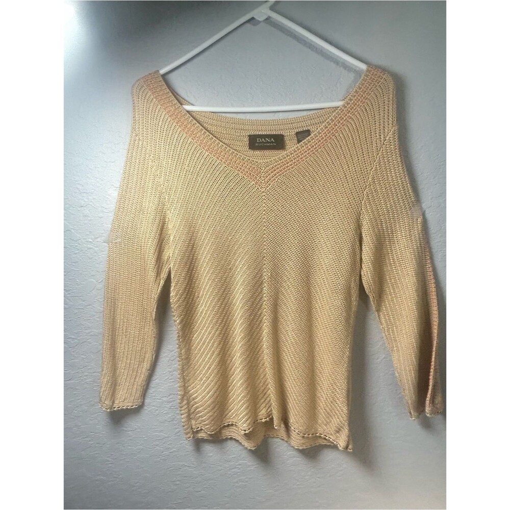 Dana Buchman Cream V-Neck Lightweight Knit Sweater 100% Silk LUXURY.